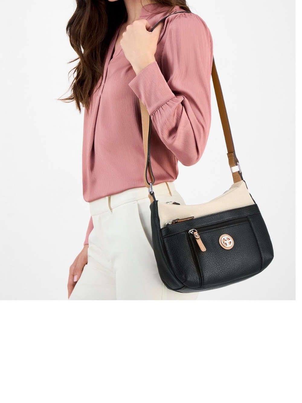Giani Bernini Black and Cream Pebbled Leather Crossbody with Tan Strap